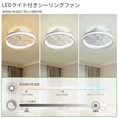 調光LEDライト付きシーリングファン – 快適さと洗練さを自在にコントロール!